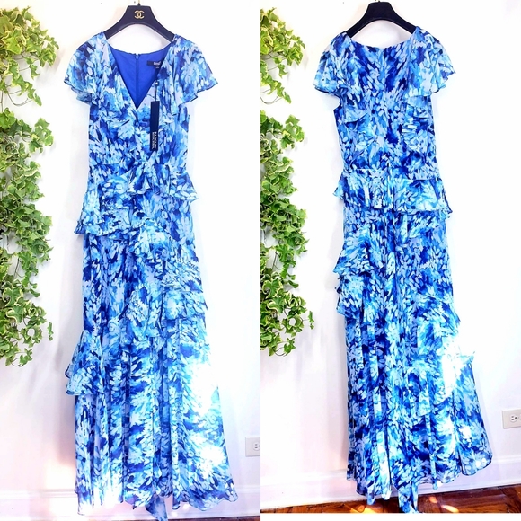 $890 NWT BADGLEY MISCHKA Blue Floral Tiered Gown 8 - Picture 7 of 9